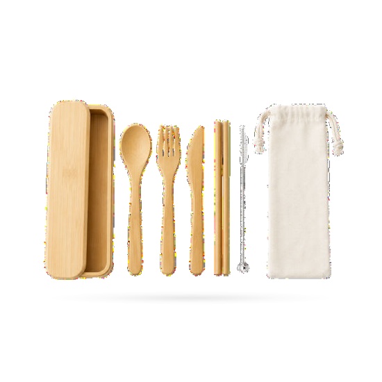 Bamboo Cutlery Set with Bamboo Straw & Pouch